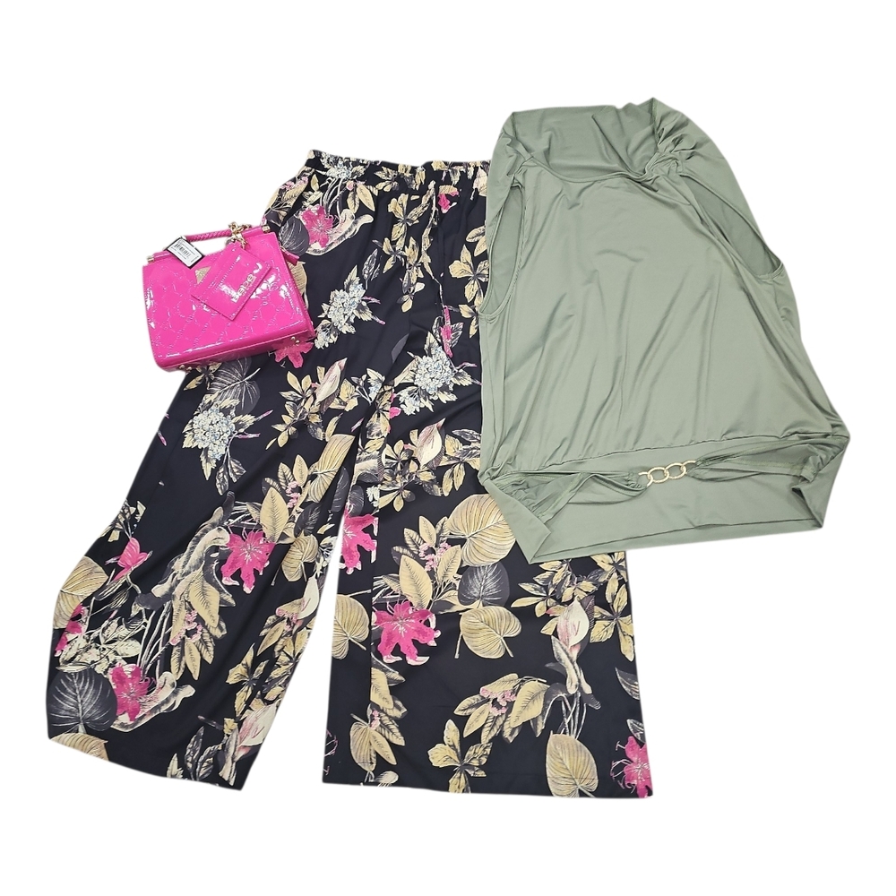 Floral Wide-Leg Pants & Sage Green Sleeveless Top 2x Set w/ Pink Bebe Purse New - Picture 2 of 16